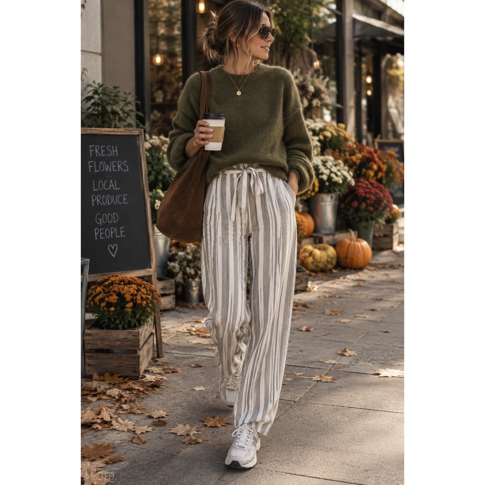 Ci Sono Linen Collection Sage Green Striped Paperbag‎ Waist Wide Leg Pants Large